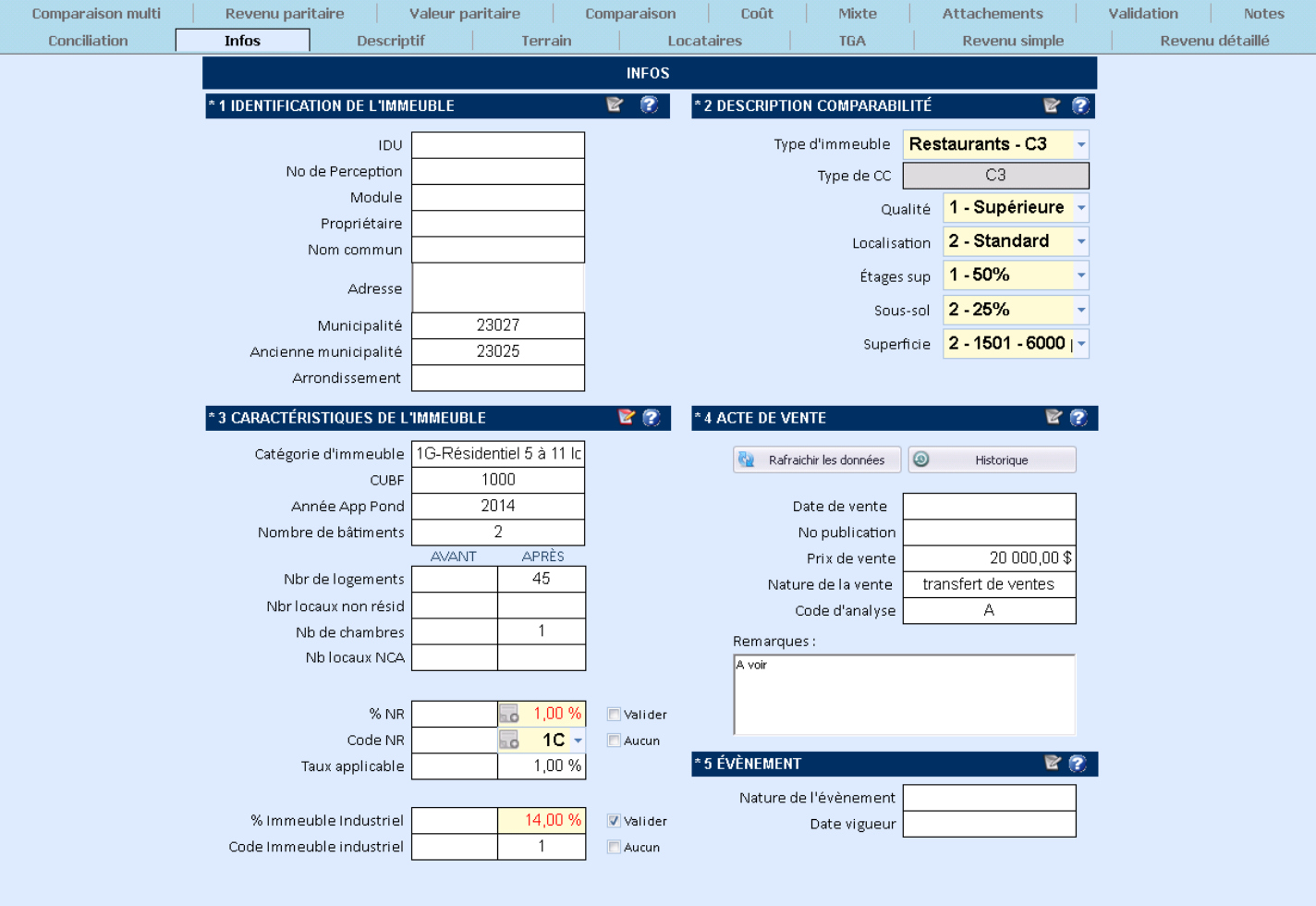 Interface ordinateur d'une fiche d'évaluation