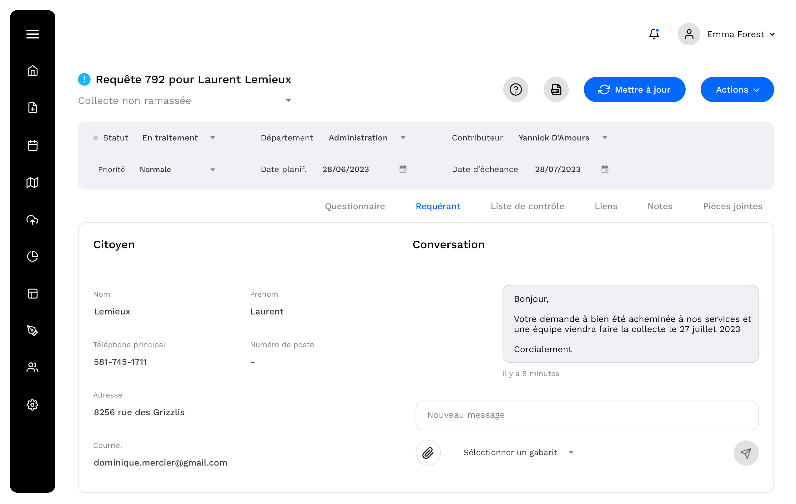 Interface d'ordinateur montrant une requête 792 pour Laurant Lemieux